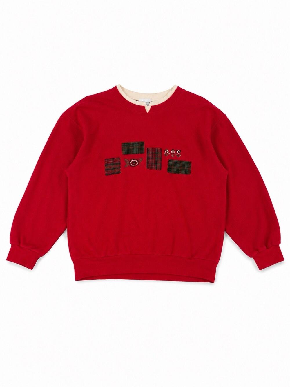 Koret Women’s Large Red Plaid Patchwork Embroidered Crewneck Sweatshirt